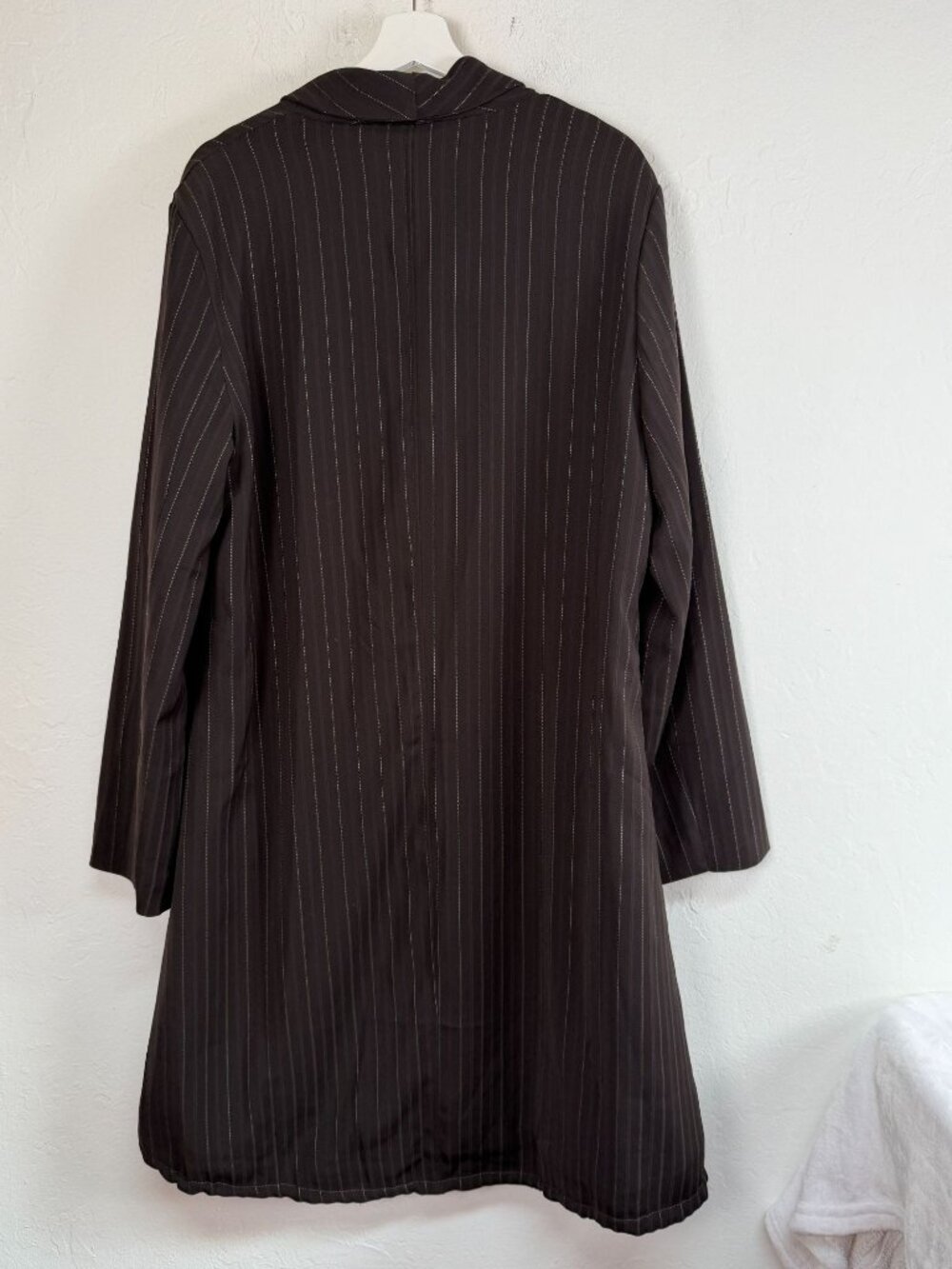 Animale Women's Size 14 Brown Pinstripe Long Coat Jacket Drawstring Hem NWT $238 - Picture 2 of 7
